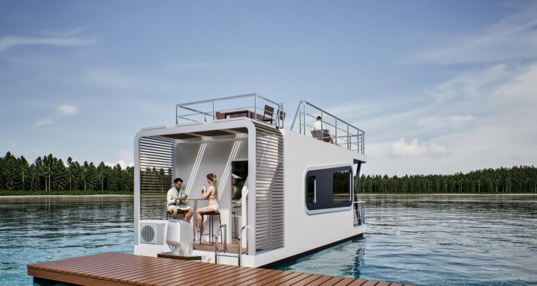 OMEGA 50 Hausboot der Omega-Serie von OX Smart House auf dem Wasser