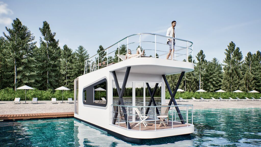 OMEGA 50 Hausboot — Seitenansicht mit Terrasse