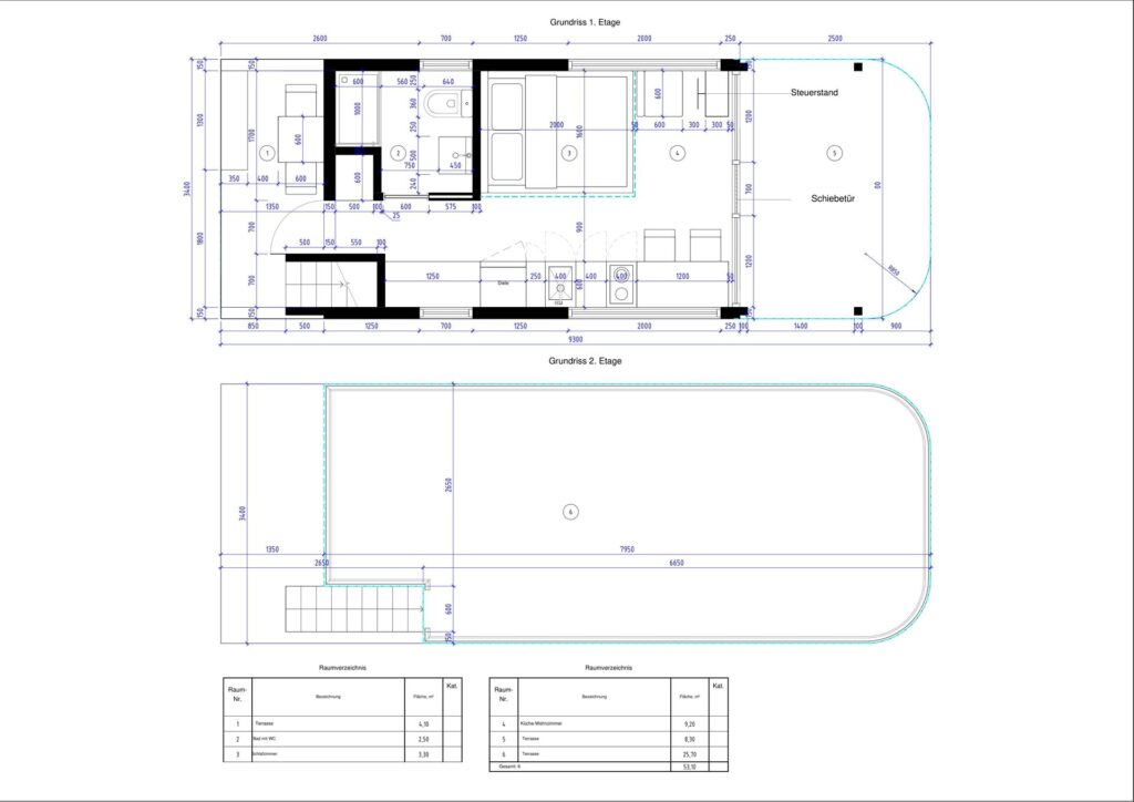 OMEGA 50 – Grundriss und Deckschema (1. und 2. Etage), Raumverzeichnis